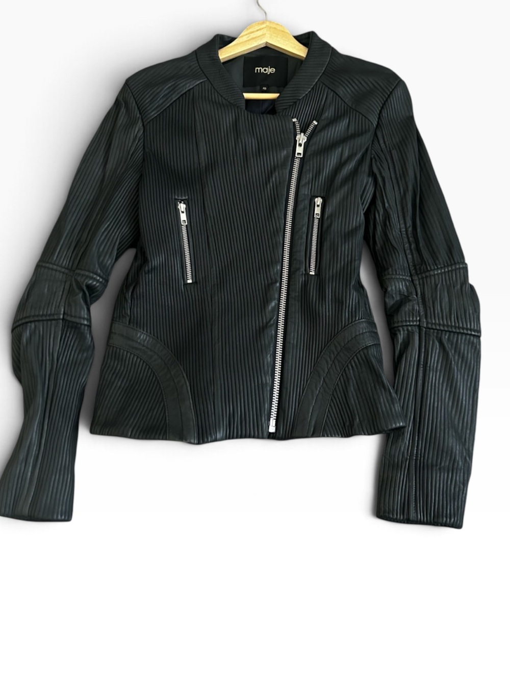 Maje Ribbed Lambskin Leather Biker Moto Jacket Gunmetal Gray Eu Size 40 Size Med